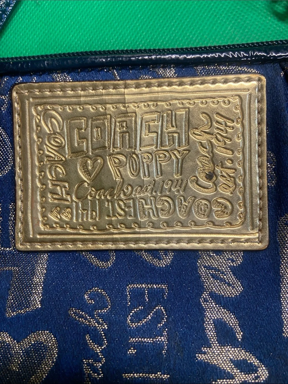 Vintage Coach Graffiti Script Navy and Gold Poppy Wristlet with Gold Plaque